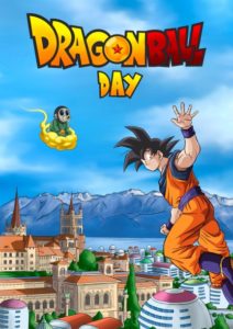 sangoku qui salue Lausanne en Suisse avec Toriyama sur un nuage magique