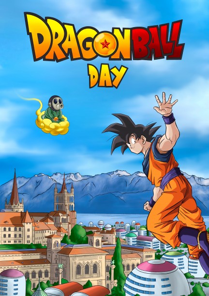sangoku qui salue Lausanne en Suisse avec Toriyama sur un nuage magique
