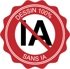 Sigle "IA" barré d'un trait rouge et entouré d'un bandeau dans lequel on peut lire "dessin 100% sans IA"
